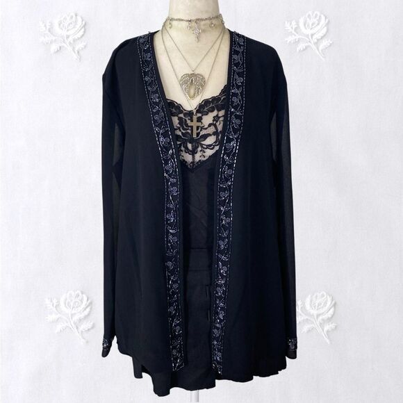 R&M Richards Whimsygoth Beaded Open Front Black Mesh Cardigan 14 / L - Picture 1 of 8